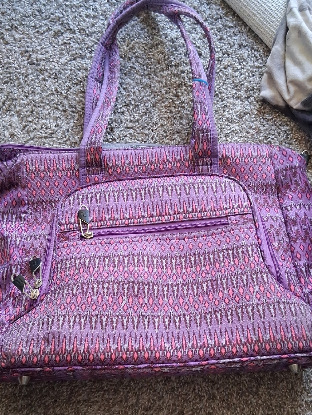 Purple Patterned Tote Bag with Front Zip Pocket - Women’s Everyday Shoulder Tote